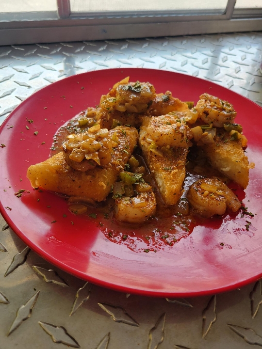 Deep  Fried Grits with Sauteed Shrimp in a Gourmet Butter Sauce